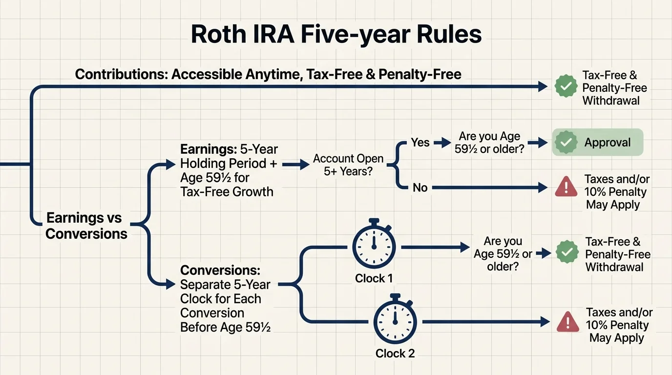 Flowchart detailing Roth IRA five-year rules for contributions, earnings, and conversions based on age and holding periods.