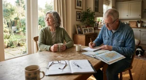 Mature couple seated at a wooden dining table; woman gazes out the window with coffee while man writes beside an open map.