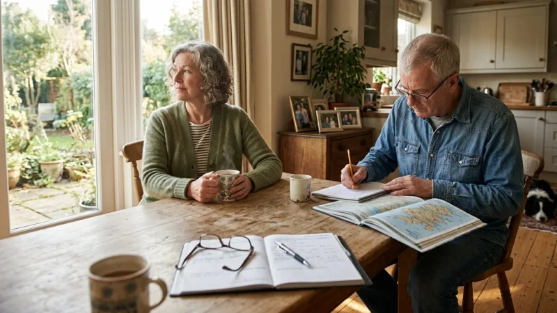Mature couple seated at a wooden dining table; woman gazes out the window with coffee while man writes beside an open map.