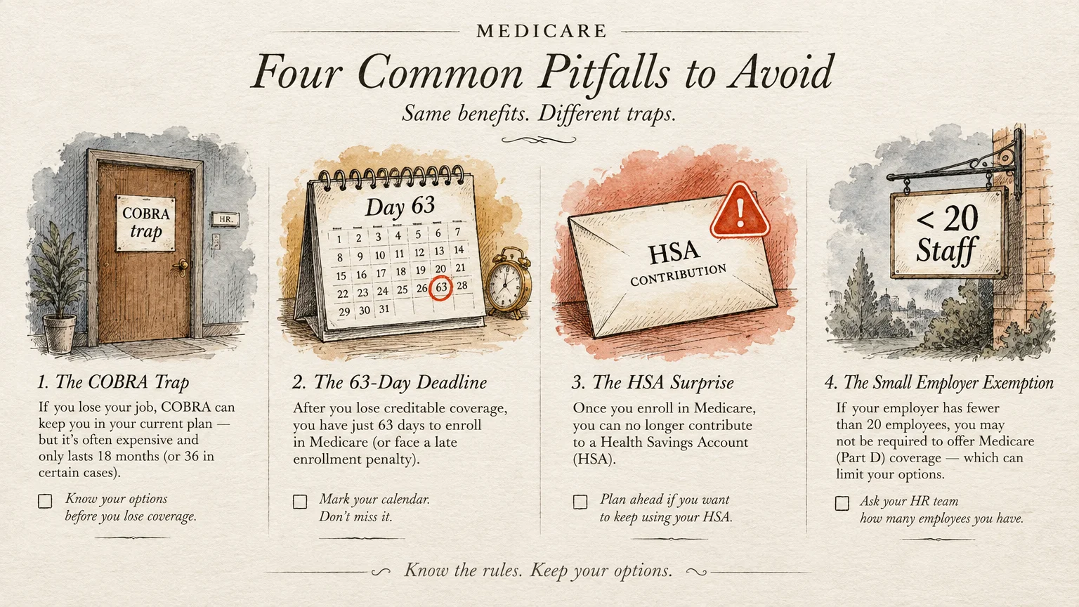 Illustrated guide listing four Medicare pitfalls: the COBRA trap, 63-day deadline, HSA surprise, and small employer exemption.