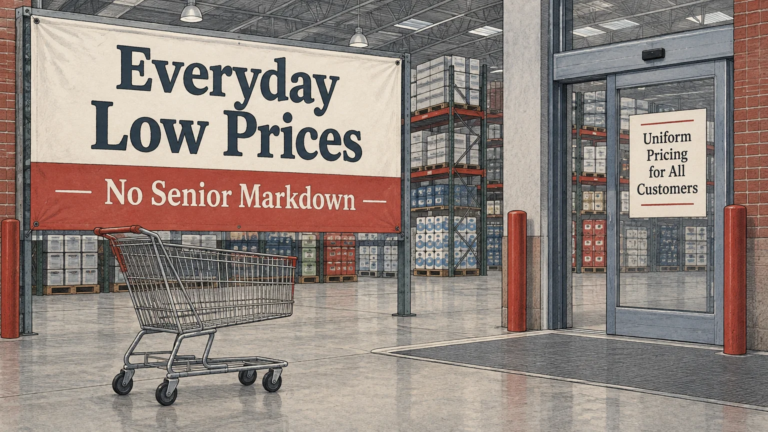 Illustration of a store entrance and shopping cart beside a banner reading Everyday Low Prices No Senior Markdown.