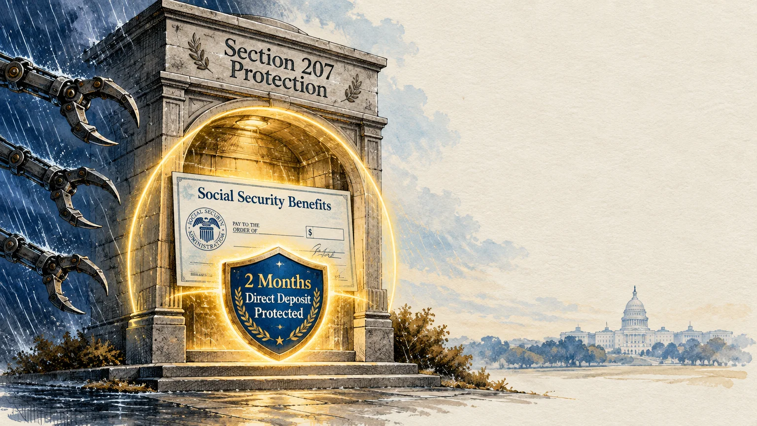 Illustration of a stone archway with a glowing shield protecting a Social Security check from robotic claws.