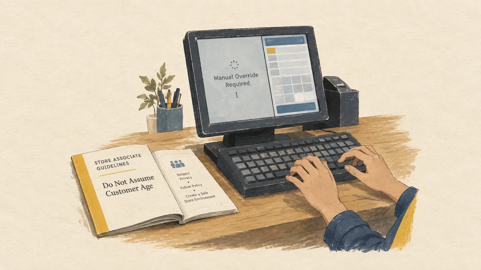 Cashier typing at a point-of-sale register displaying manual override required next to an employee handbook.