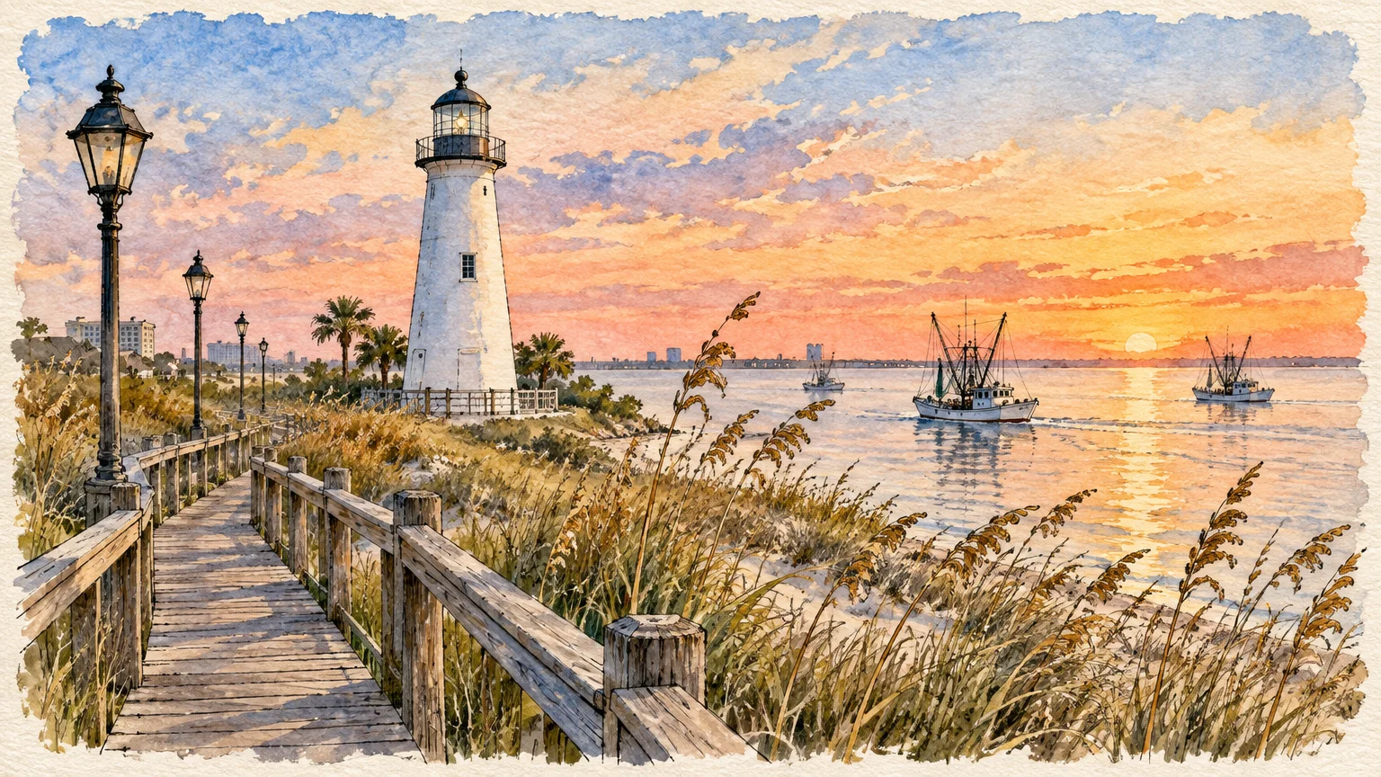 Watercolor illustration of a coastal boardwalk leading past a white lighthouse and grassy dunes toward shrimp boats at sunset.