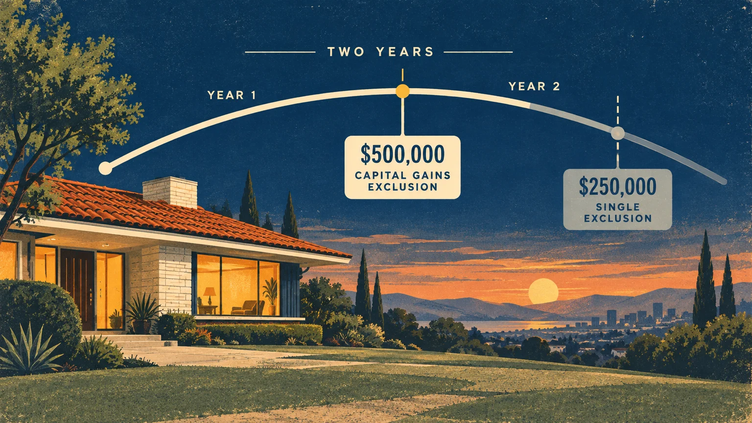 Illustration of a suburban home at dusk beneath a timeline showing home sale exclusions dropping from $500,000 to $250,000.
