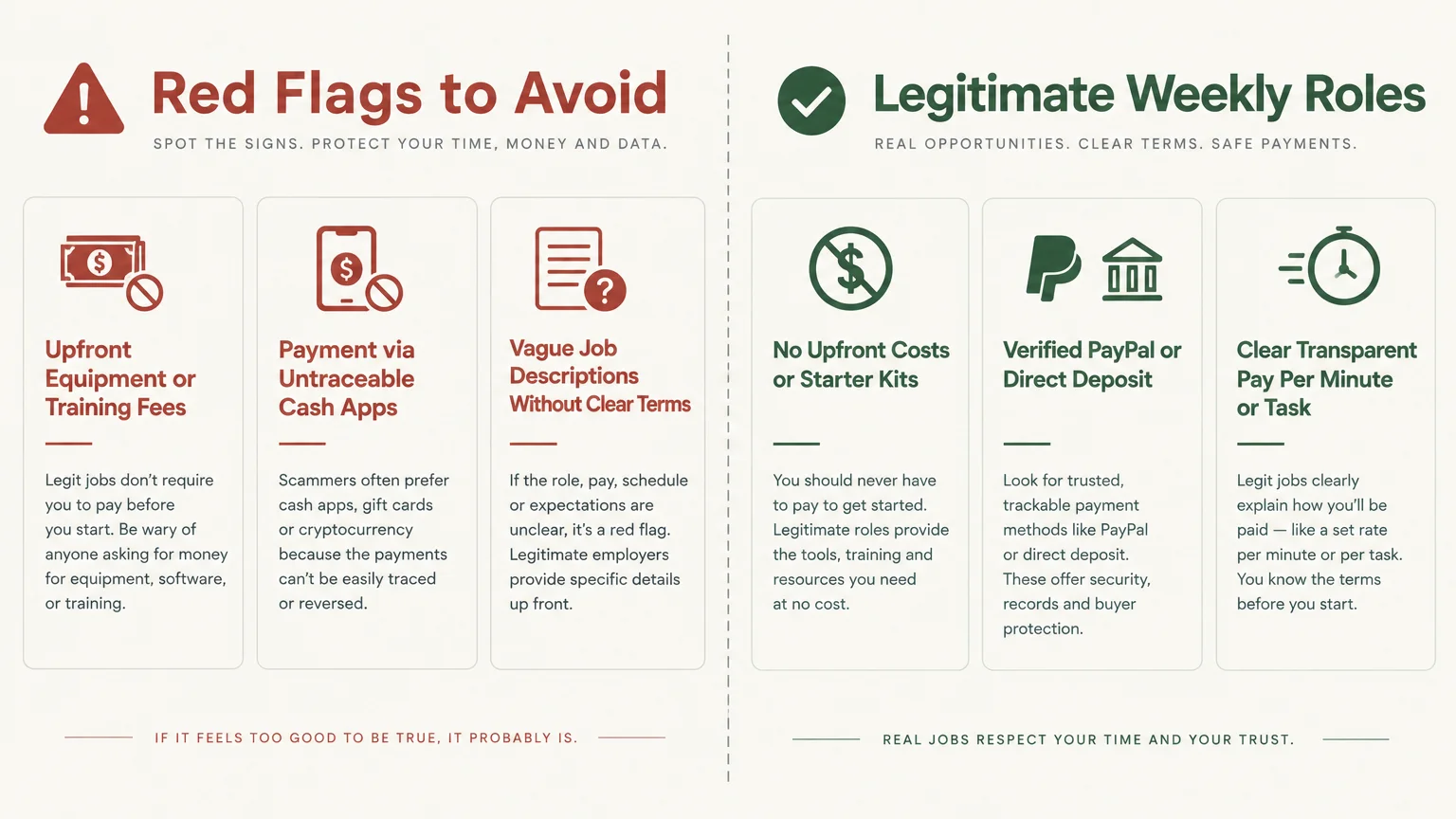 Side-by-side comparison diagram contrasting red flags like upfront fees with legitimate weekly job practices.