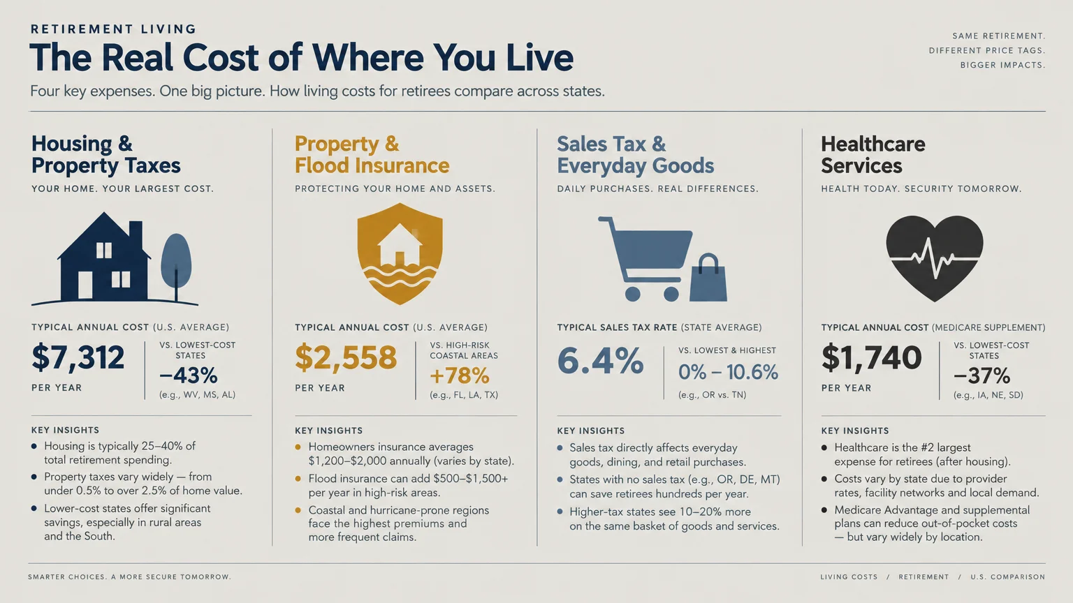 Infographic titled The Real Cost of Where You Live comparing housing, insurance, sales tax, and healthcare expenses.