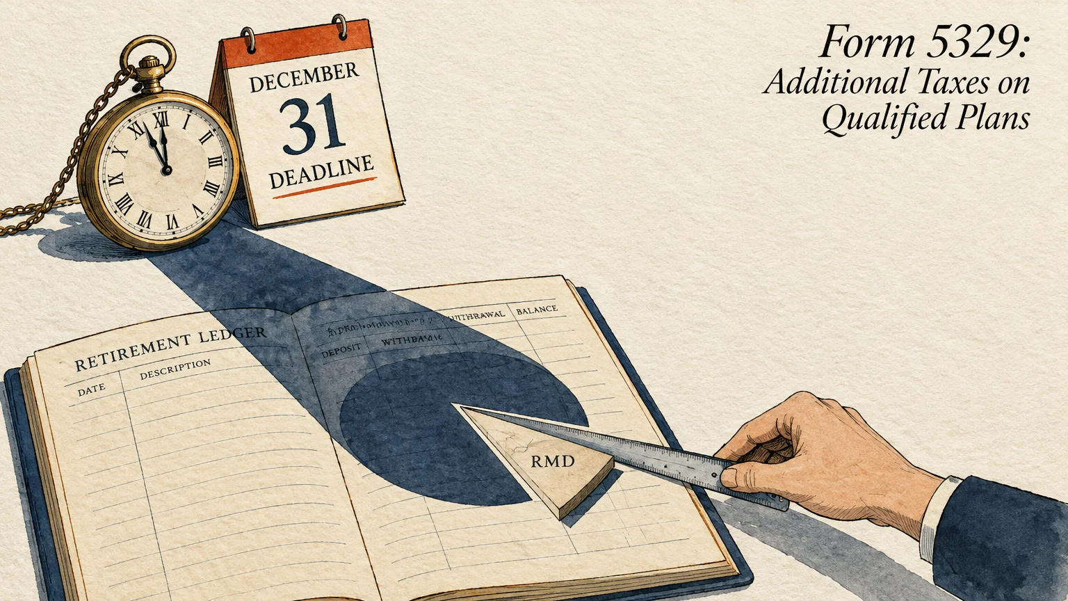 Illustration of a retirement ledger with an RMD pie chart slice, a December 31 deadline calendar, and a pocket watch.
