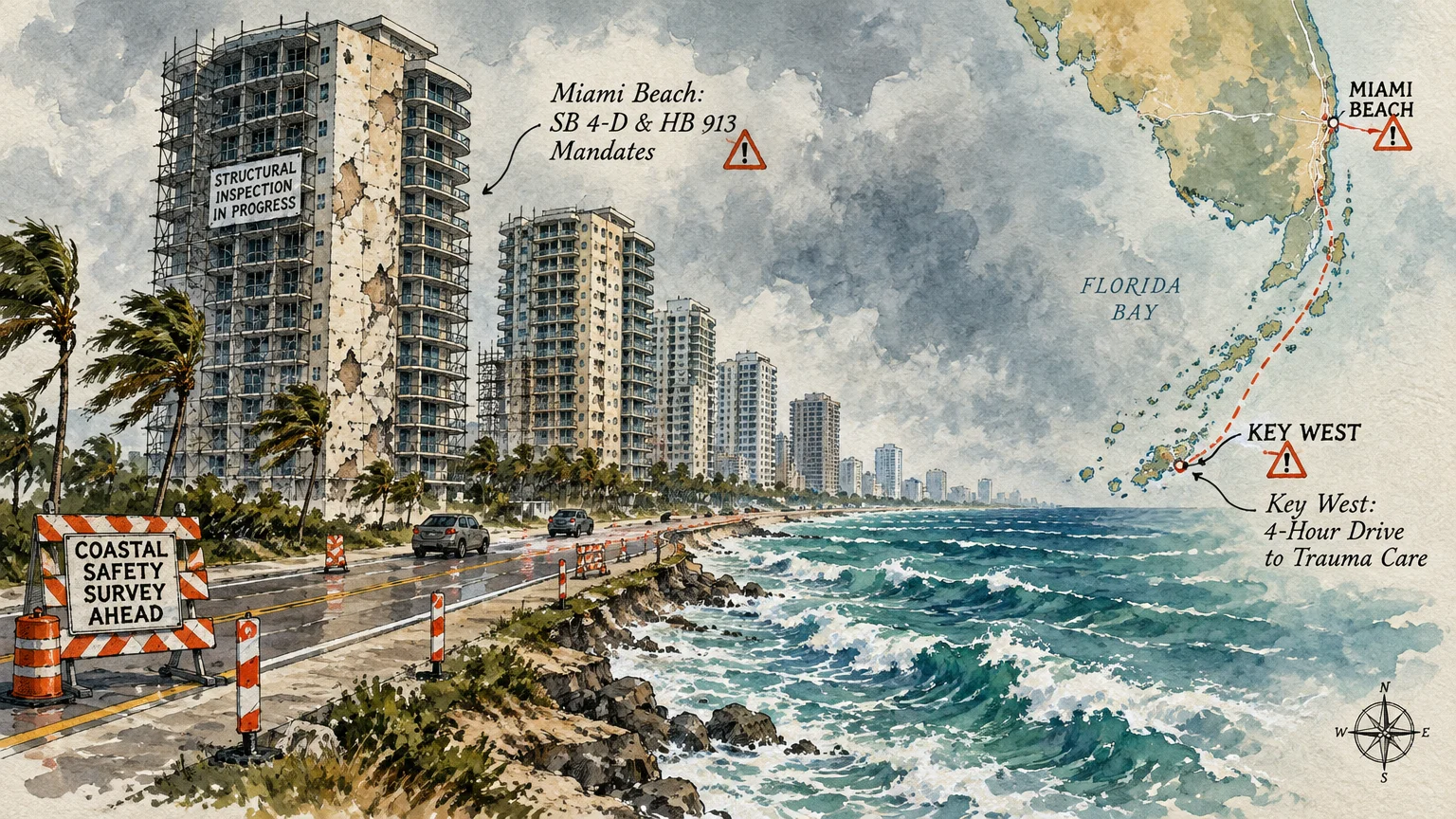 Watercolor of high-rise condos under structural repair along an eroding coastal road with a map of Florida.