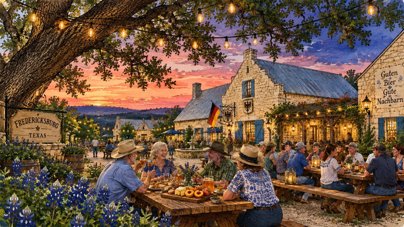 Illustration of people dining at outdoor wooden tables outside limestone German buildings at sunset surrounded by bluebonnets.