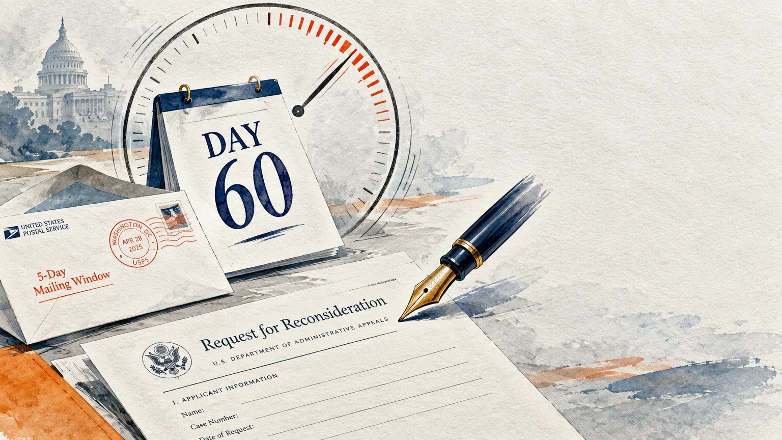 Illustration of an appeal form, fountain pen, calendar showing Day 60, mail envelope, clock, and the US Capitol.