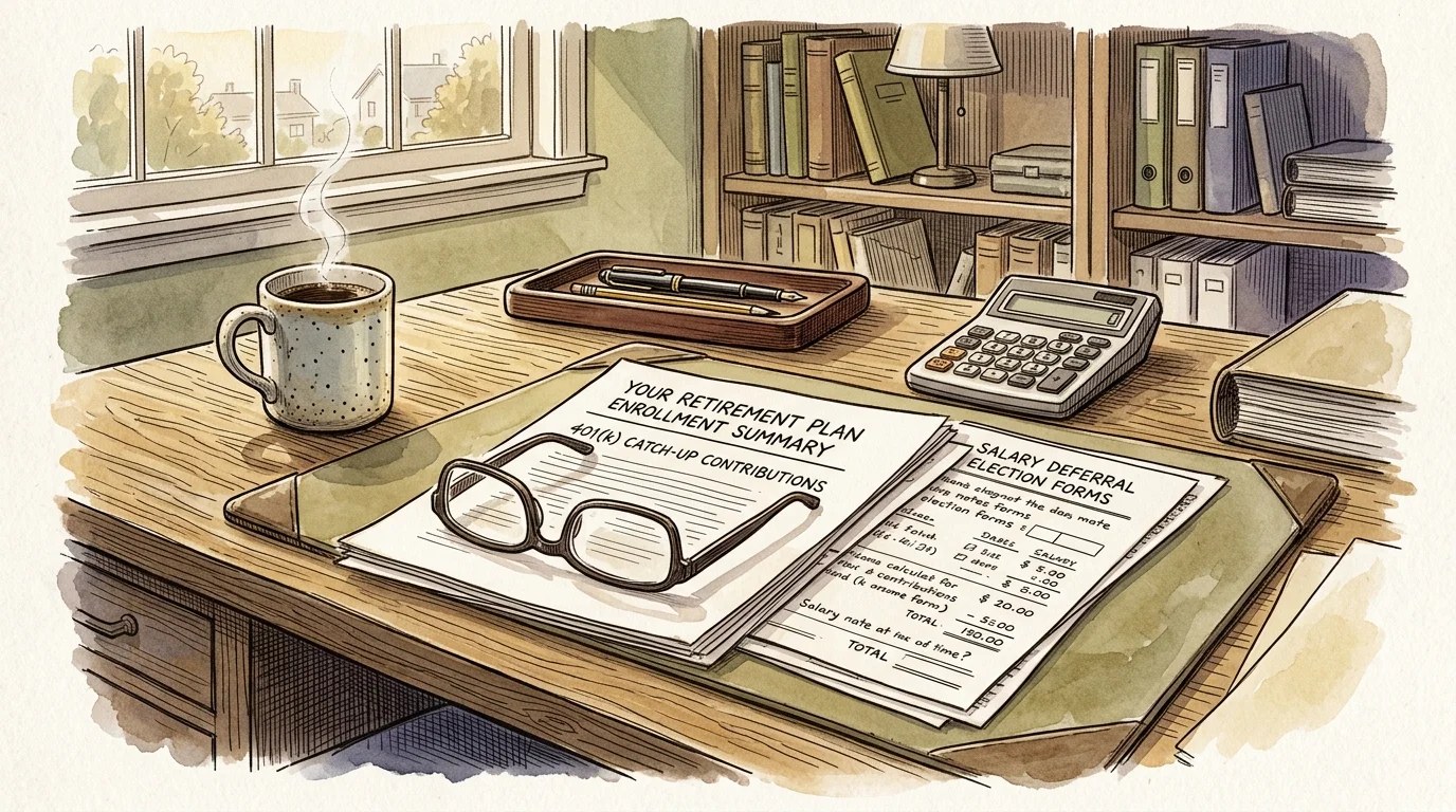 Watercolor illustration of a desk with retirement paperwork, eyeglasses, a calculator, steaming coffee, and bookshelves.