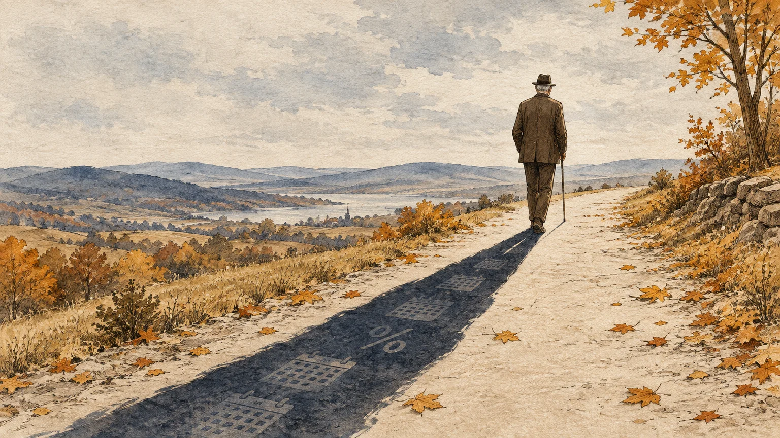 Watercolor illustration of an older man walking down a path, casting a long shadow with calendar and percent symbols.