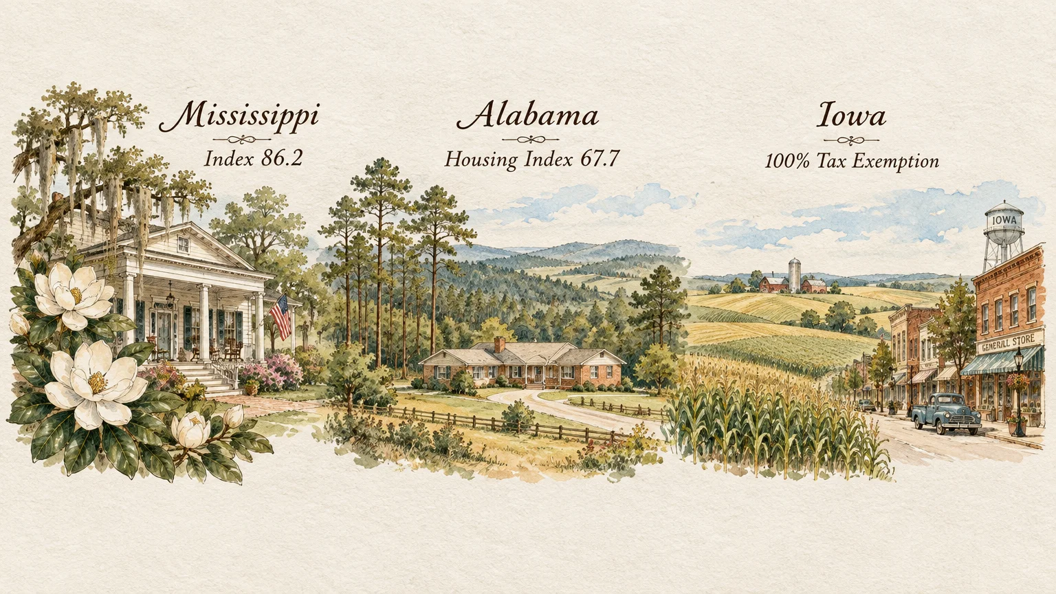 Three watercolor panels depicting houses and countryside representing Mississippi, Alabama, and Iowa.