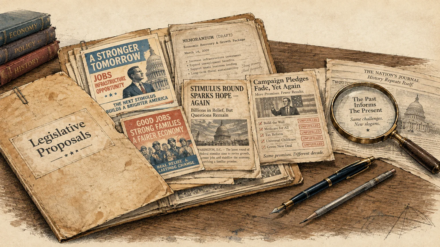 Vintage desk with legislative folders, historical campaign clippings, newspaper headlines, a magnifying glass, and pens.