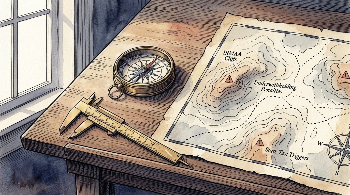 Illustration of a brass compass, caliper, and map with labels including IRMAA Cliffs and State Tax Triggers on a wood desk.