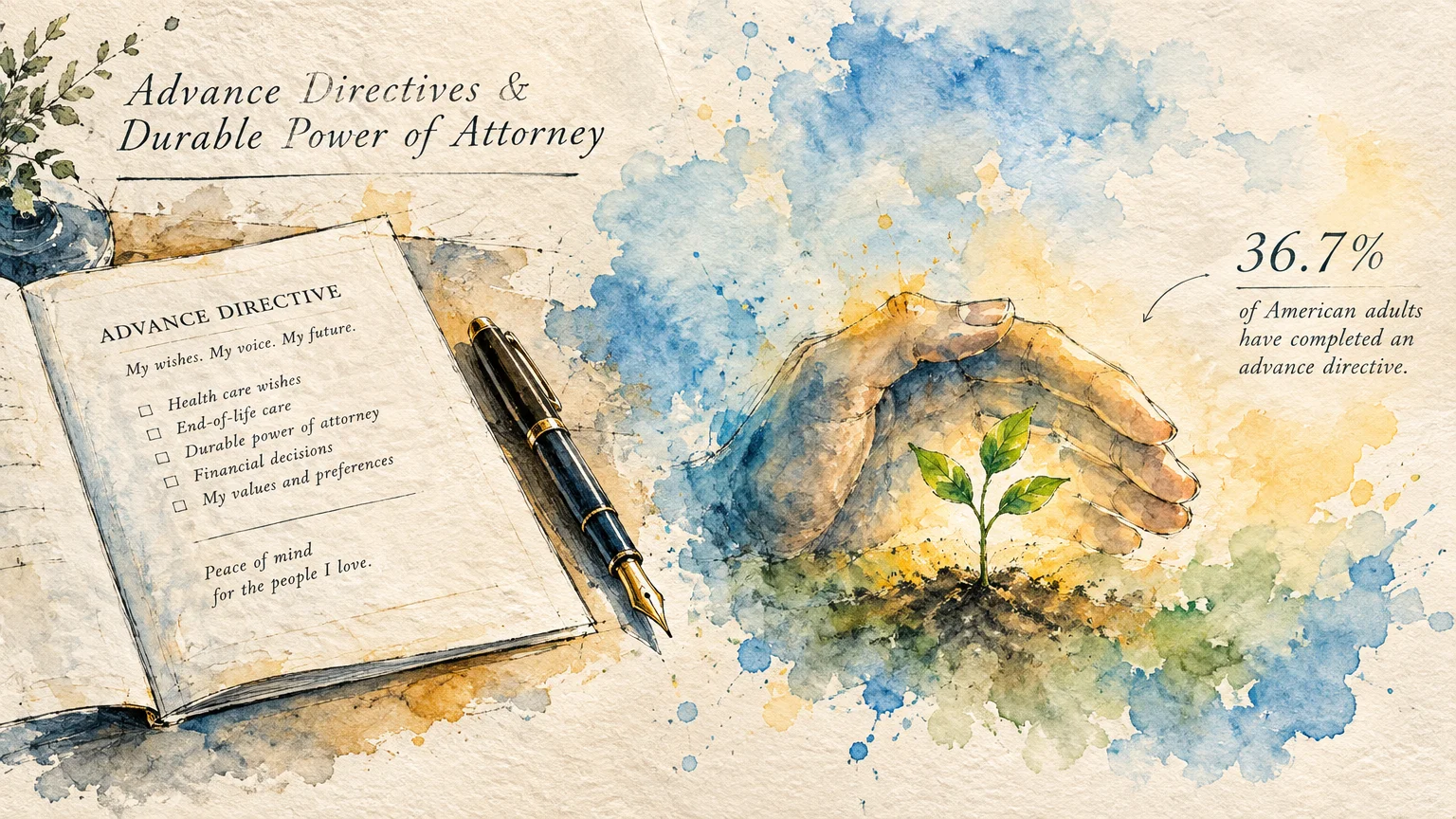 Watercolor illustration of an open advance directive booklet, fountain pen, and hand sheltering a seedling.