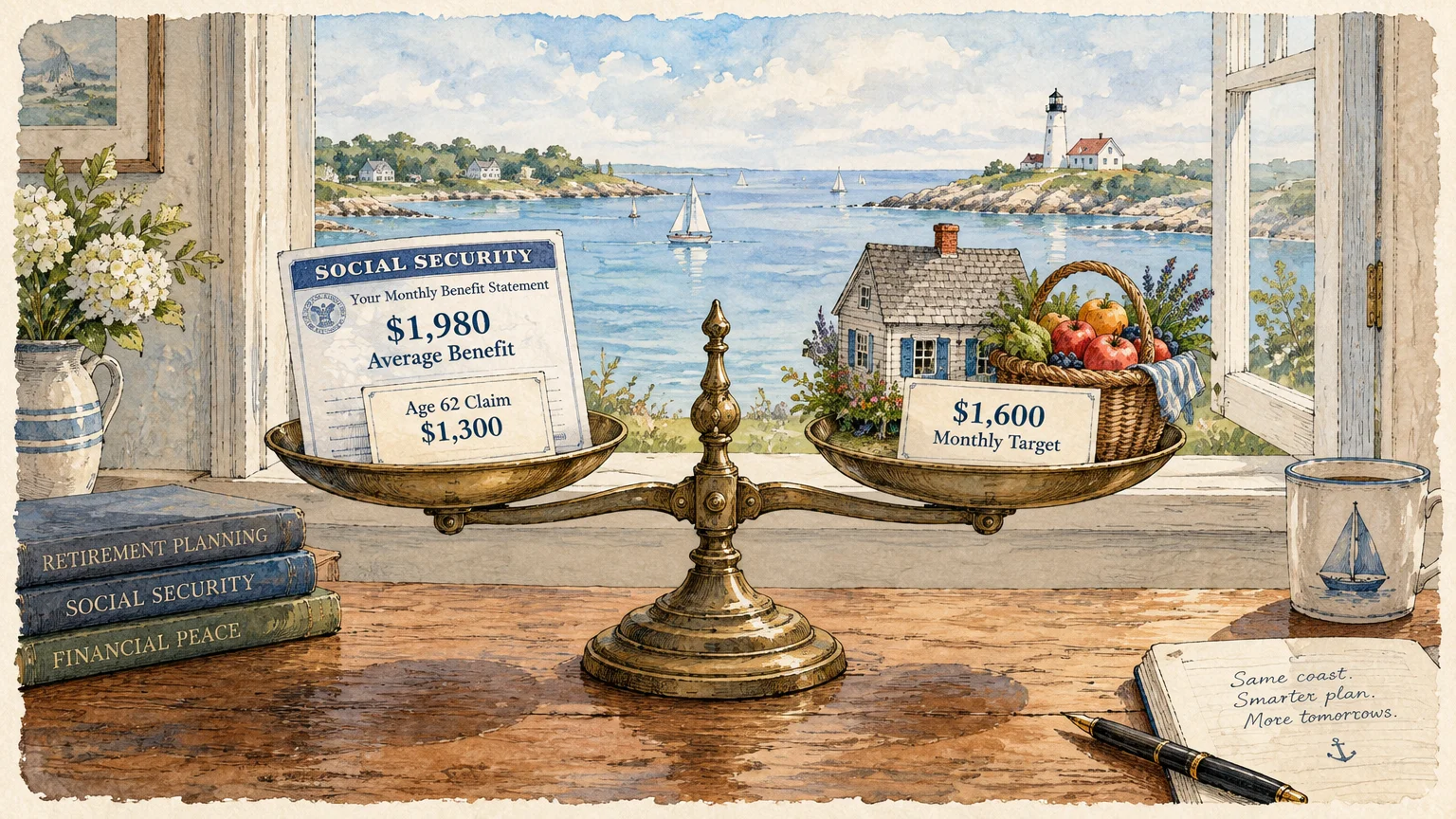 Watercolor of a balance scale holding Social Security statements and a cottage basket before a sunny coastal window.