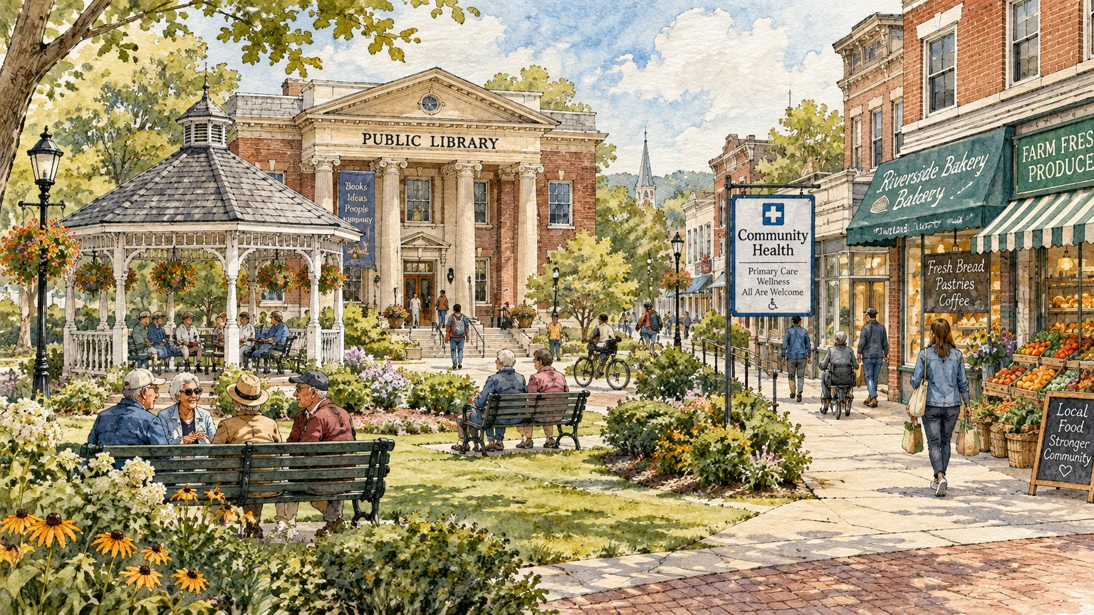 Watercolor illustration of a town square with a gazebo, public library, Community Health clinic sign, and sidewalk shops.