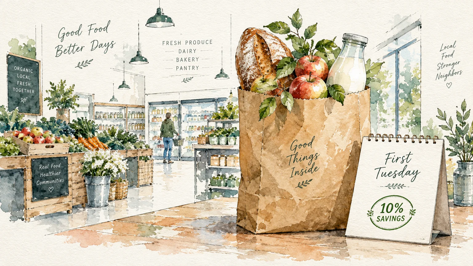 Watercolor illustration of a grocery bag filled with bread, fruit, and milk beside a First Tuesday 10% savings calendar sign.