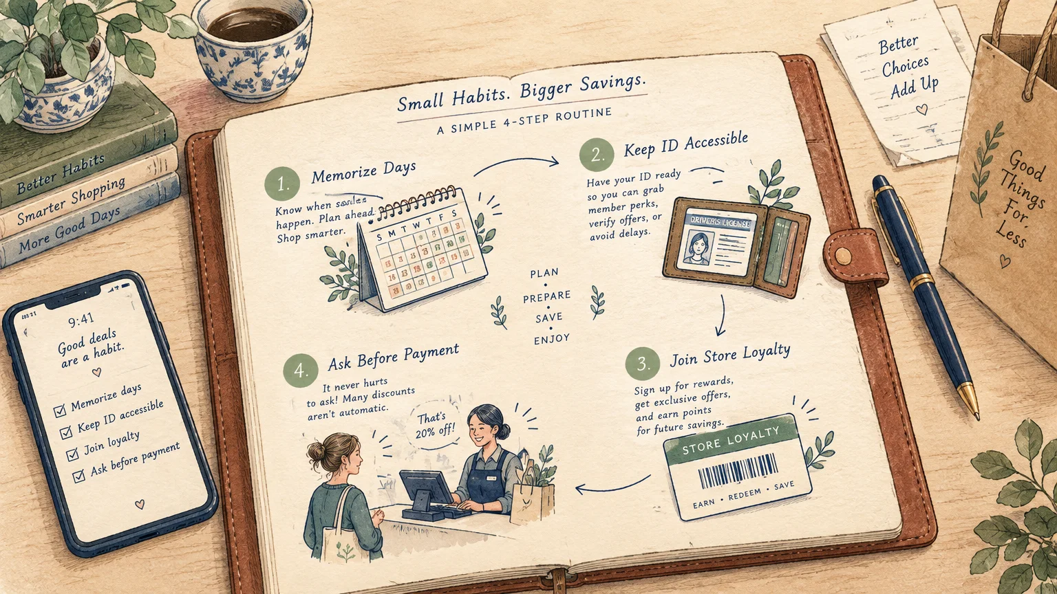 Illustrated open journal displaying a 4-step shopping routine with a calendar, wallet ID, loyalty card, and checkout counter.