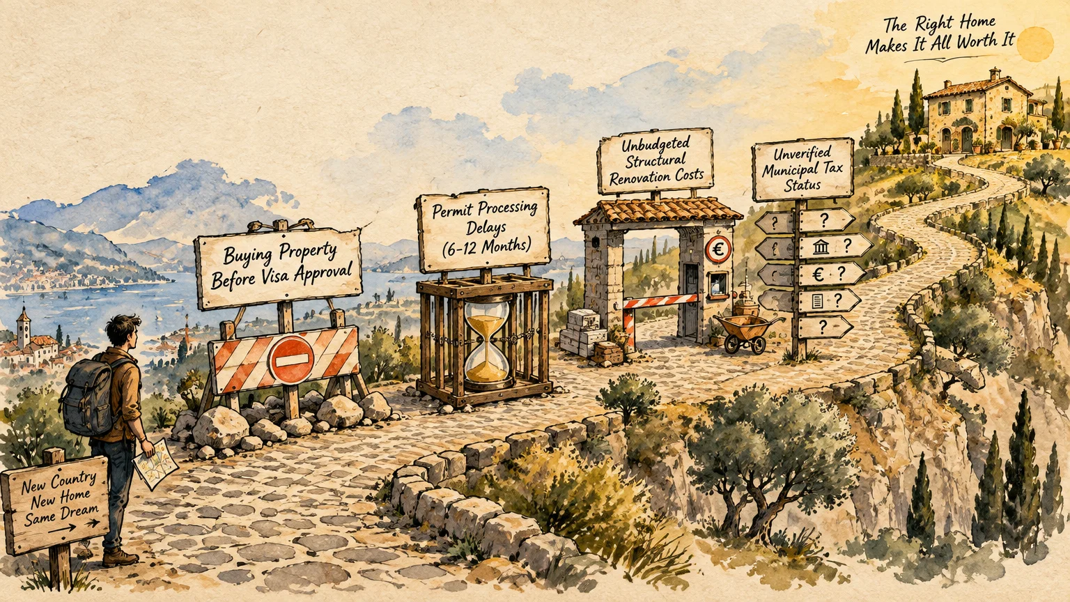 Illustration of a traveler on a stone path facing roadblocks and signs representing relocation obstacles like visa delays.
