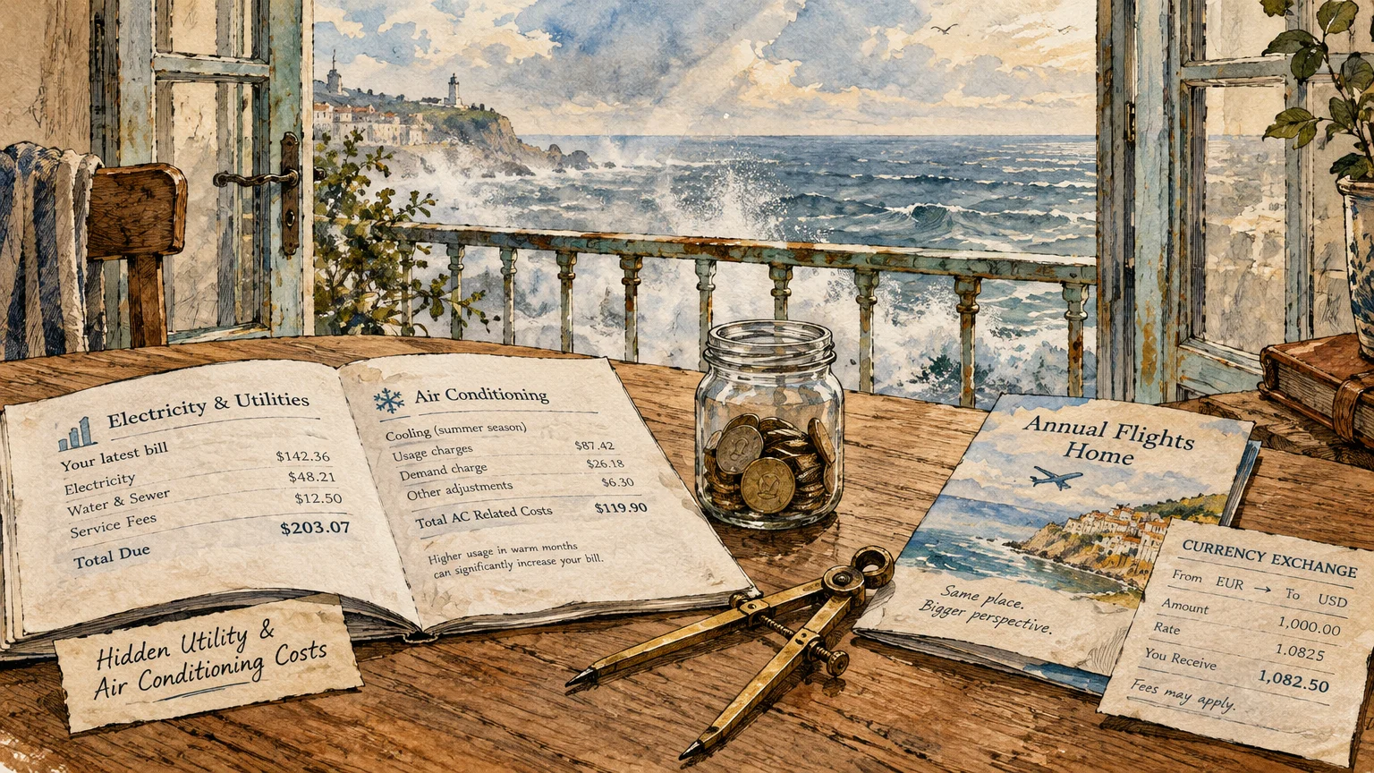 Watercolor illustration of utility bills, a jar of coins, and a travel booklet on a desk overlooking an ocean balcony.