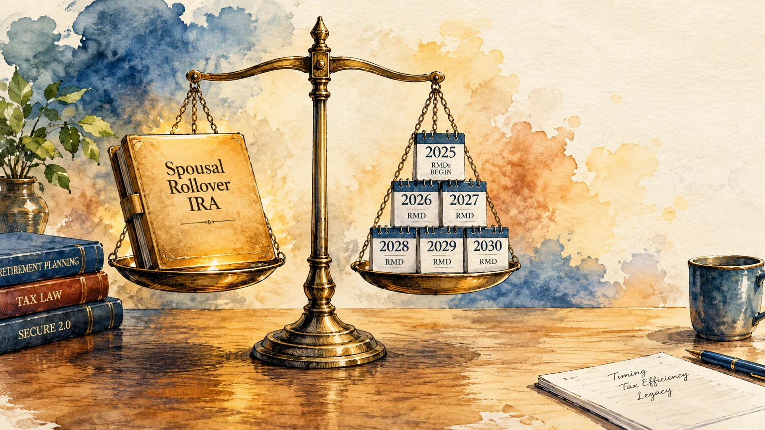 Illustration of brass scales balancing a Spousal Rollover IRA book against calendar blocks showing RMD years from 2025 to 2030.