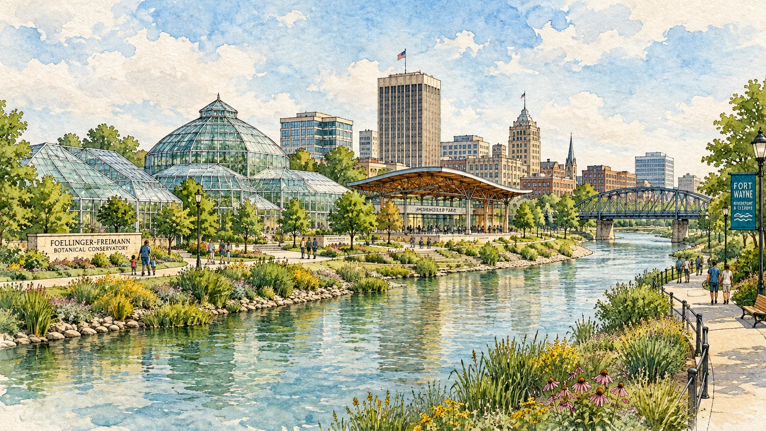 Watercolor illustration of a riverfront park with a glass botanical conservatory dome, pavilion, bridge, and city skyline.