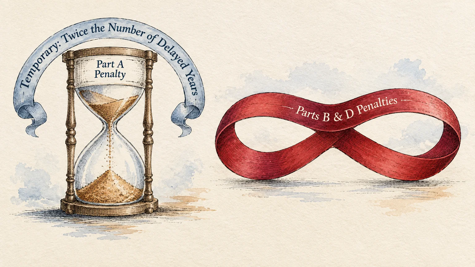 An hourglass labeled Part A Penalty next to a red infinity ribbon labeled Parts B & D Penalties.