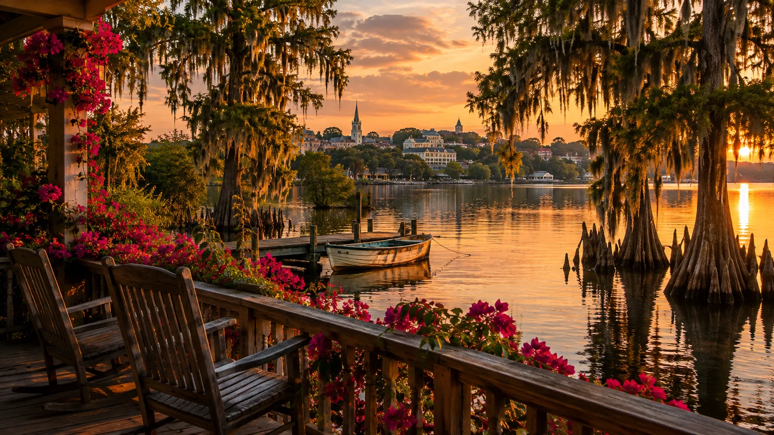 Wooden porch overlooking a calm lake at sunset with cypress trees, flowering vines, and a small boat tied to a dock.