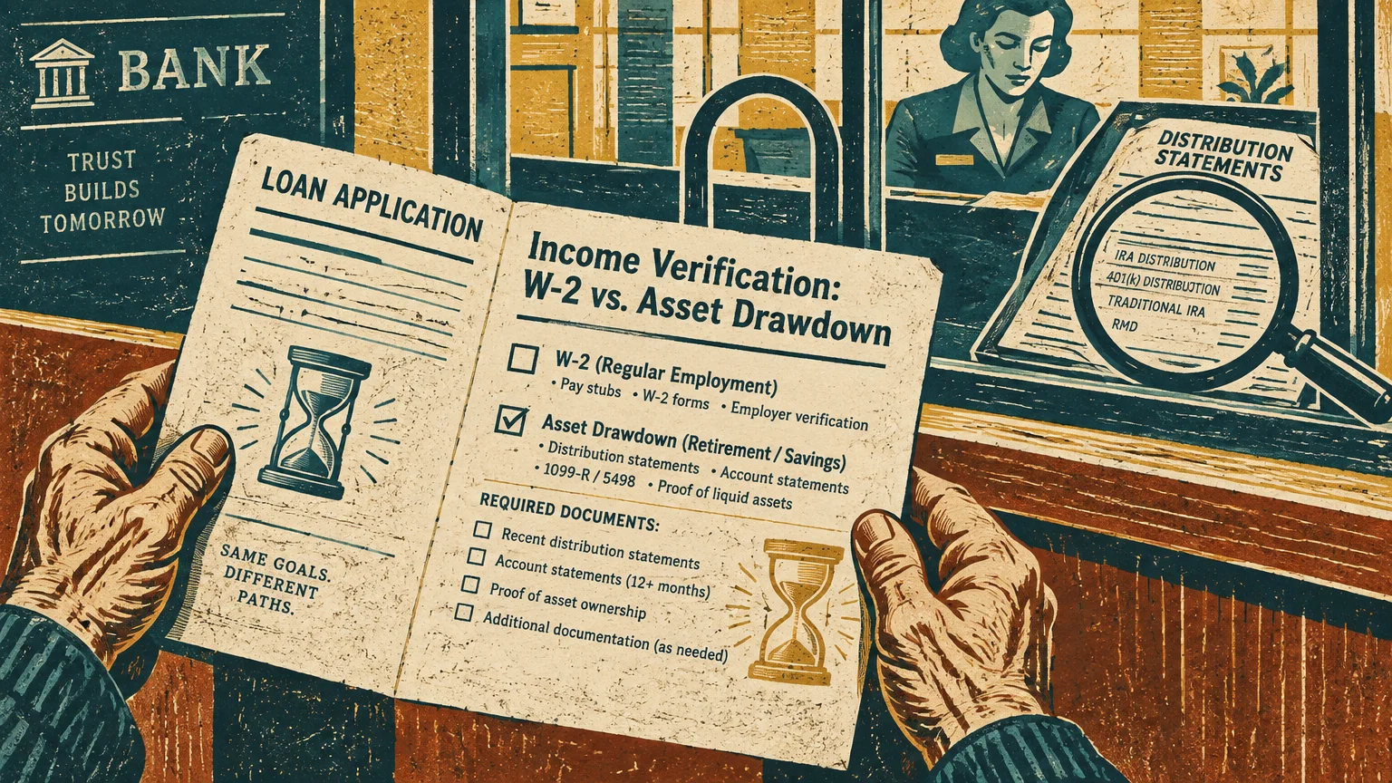 Hands holding a loan application contrasting W-2 and Asset Drawdown verification across a bank counter from a teller.