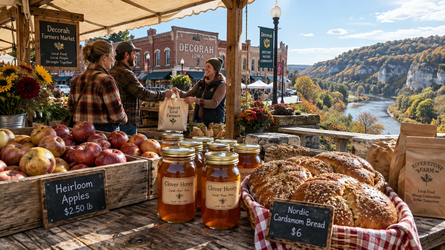 Farmers market stall with apples, honey, and bread overlooking a town and a river valley flanked by limestone bluffs.