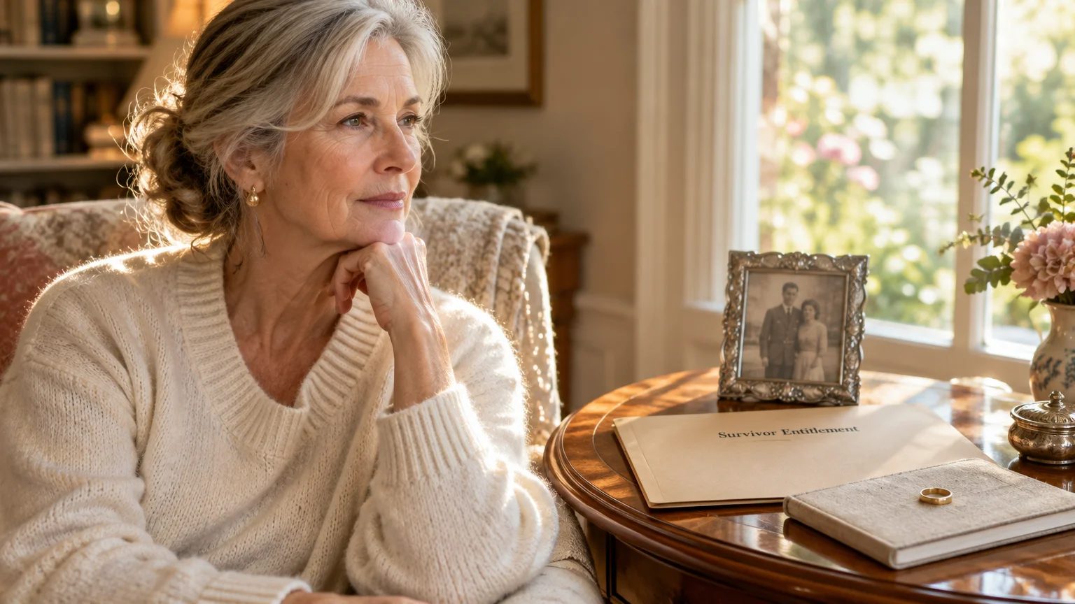Senior woman looking out a window near a table with a framed couple's photo, wedding ring, and document folder.