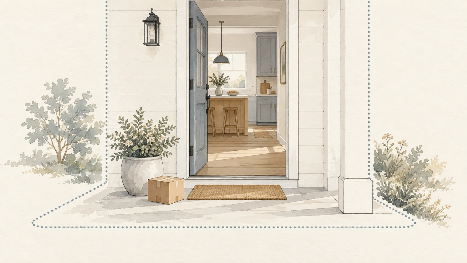 Watercolor illustration of an open front door looking into a kitchen, with a cardboard box on the porch outside.