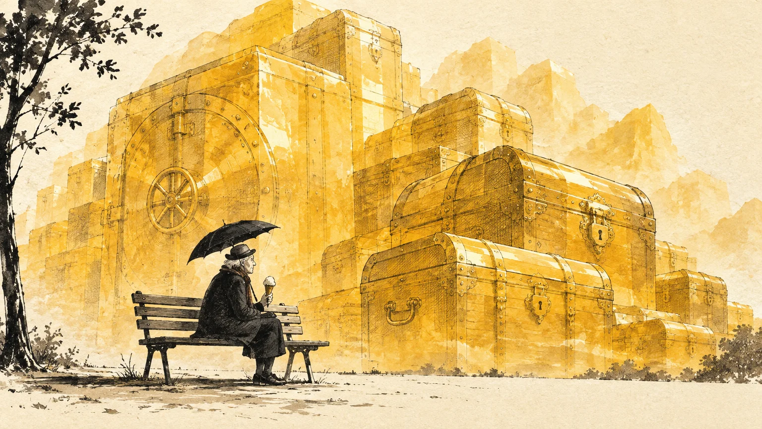 Illustration of an older man sitting on a park bench under an umbrella, dwarfed by a massive wall of golden chests and a vault.