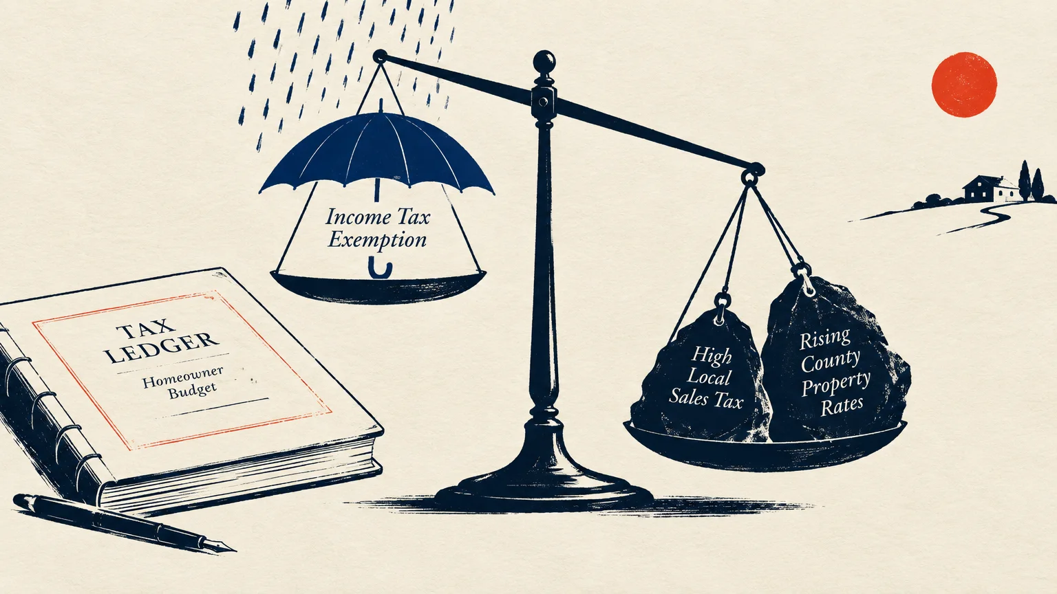 Illustration of a scale balancing an income tax exemption umbrella against heavy stones labeled sales tax and property rates.