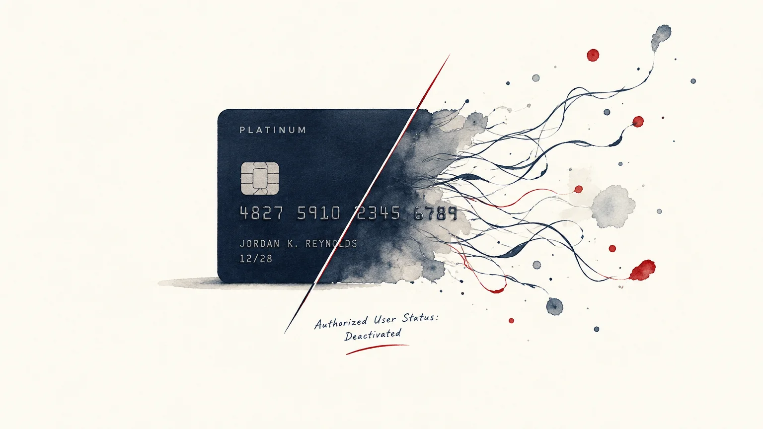 Illustration of a dark platinum credit card dissolving into watercolor splatters, slashed by a red line marked deactivated.