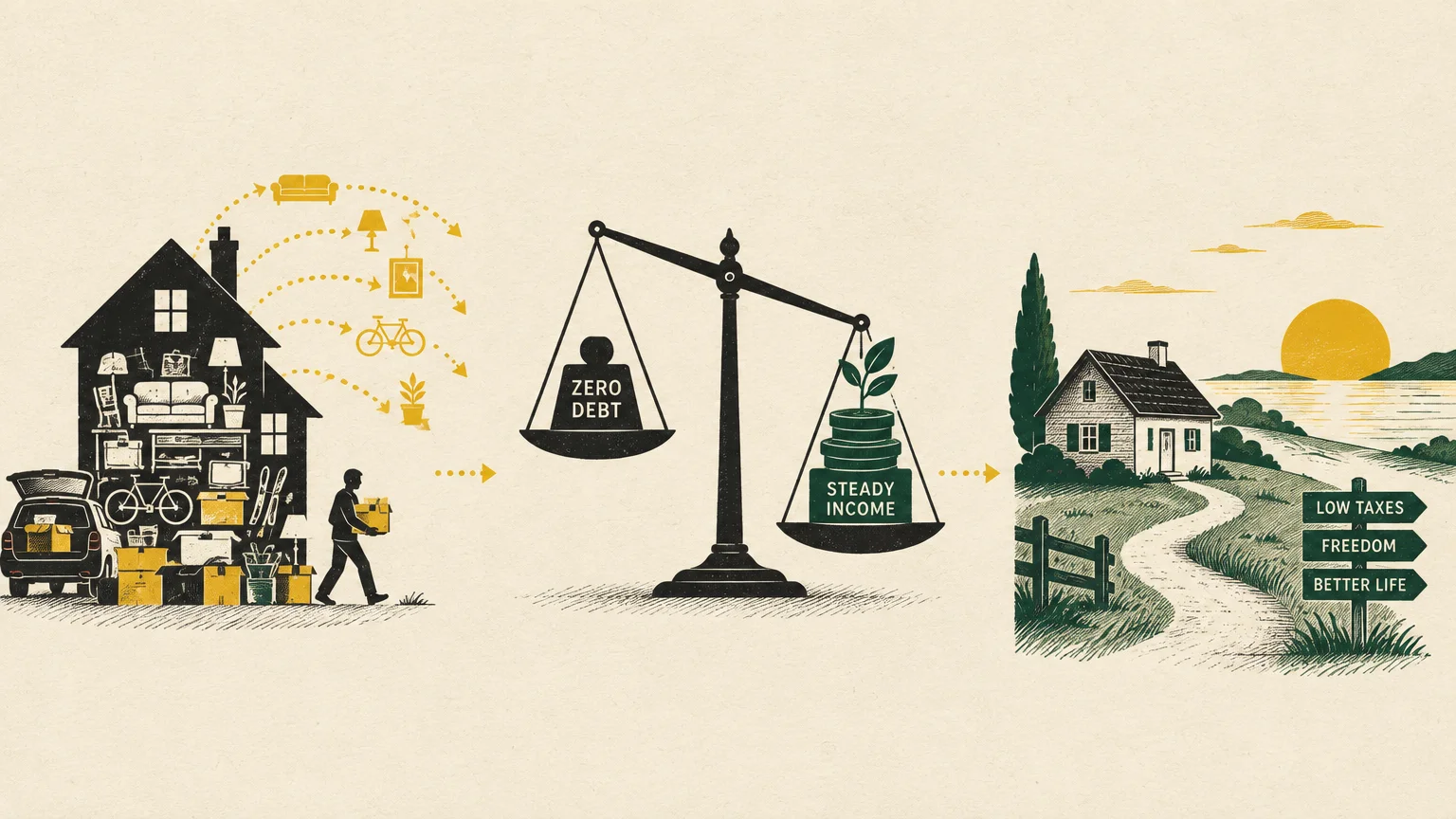 Illustration showing a man packing a car, a balance scale with zero debt and steady income, and a small rural home.