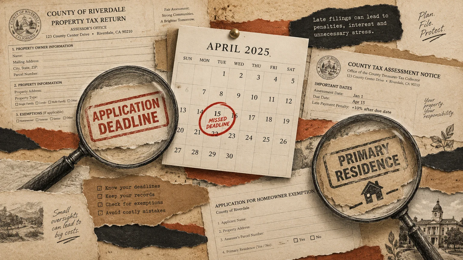 Mixed media collage of tax forms, an April 2025 calendar, and magnifying glasses over application deadline notes.