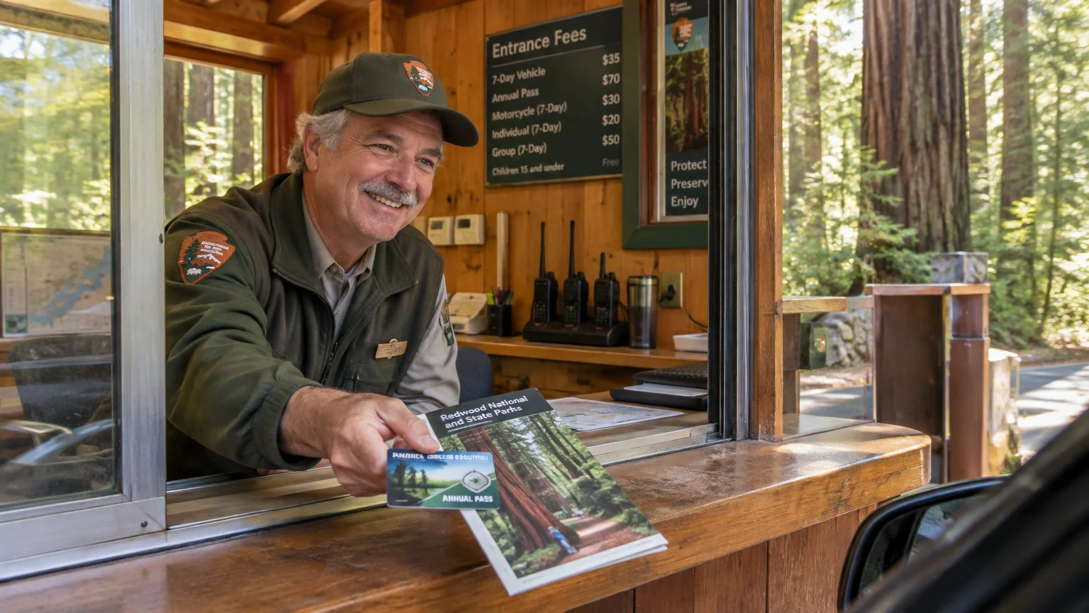 A smiling park ranger hands an annual pass and map through an entrance booth window in a redwood forest.