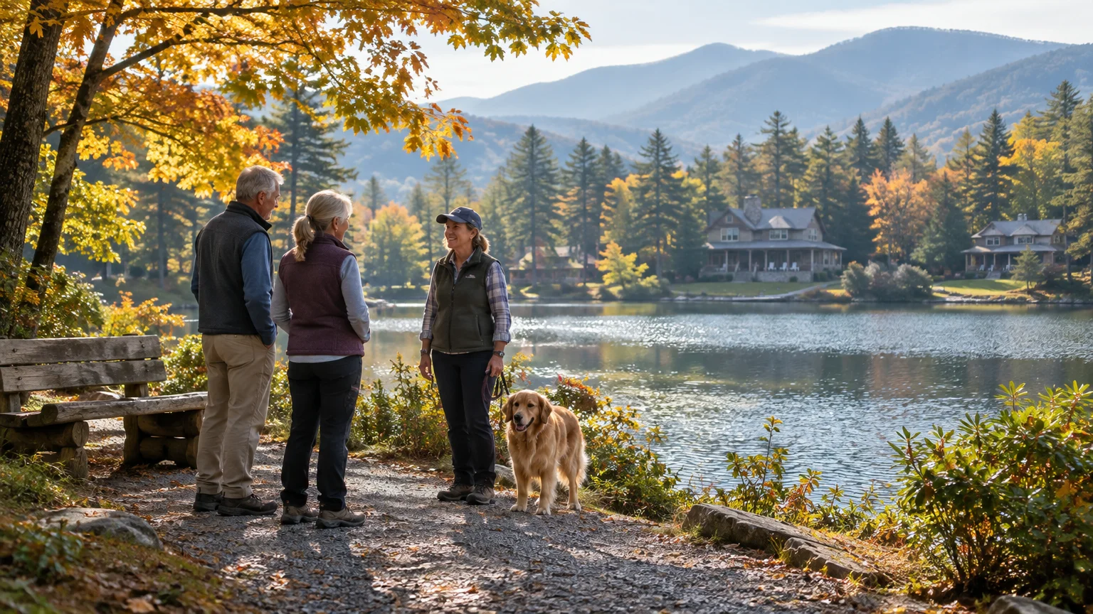 Three people and a golden retriever stand talking along a gravel lakeside path with autumn trees and mountain homes.