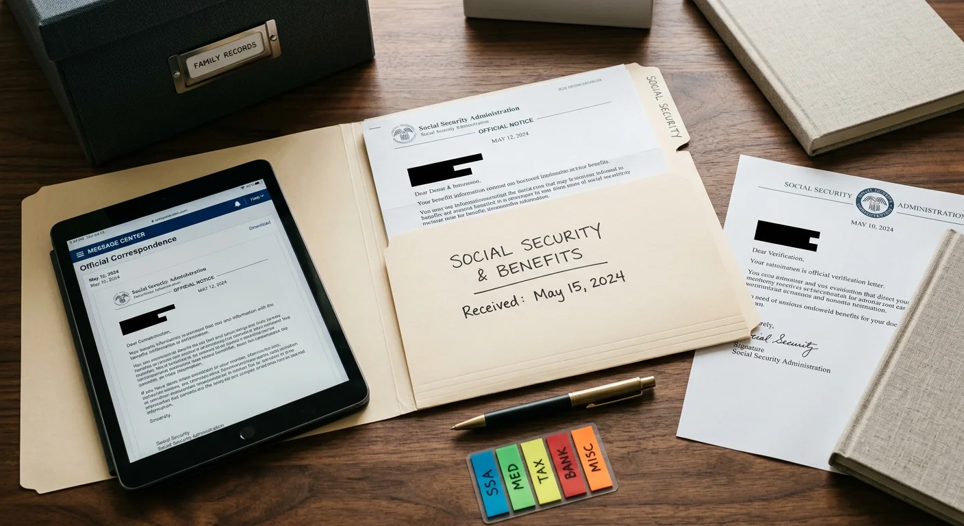 A tablet, folder labeled Social Security and Benefits, paperwork, pen, and sticky tabs arranged on a wooden desk.