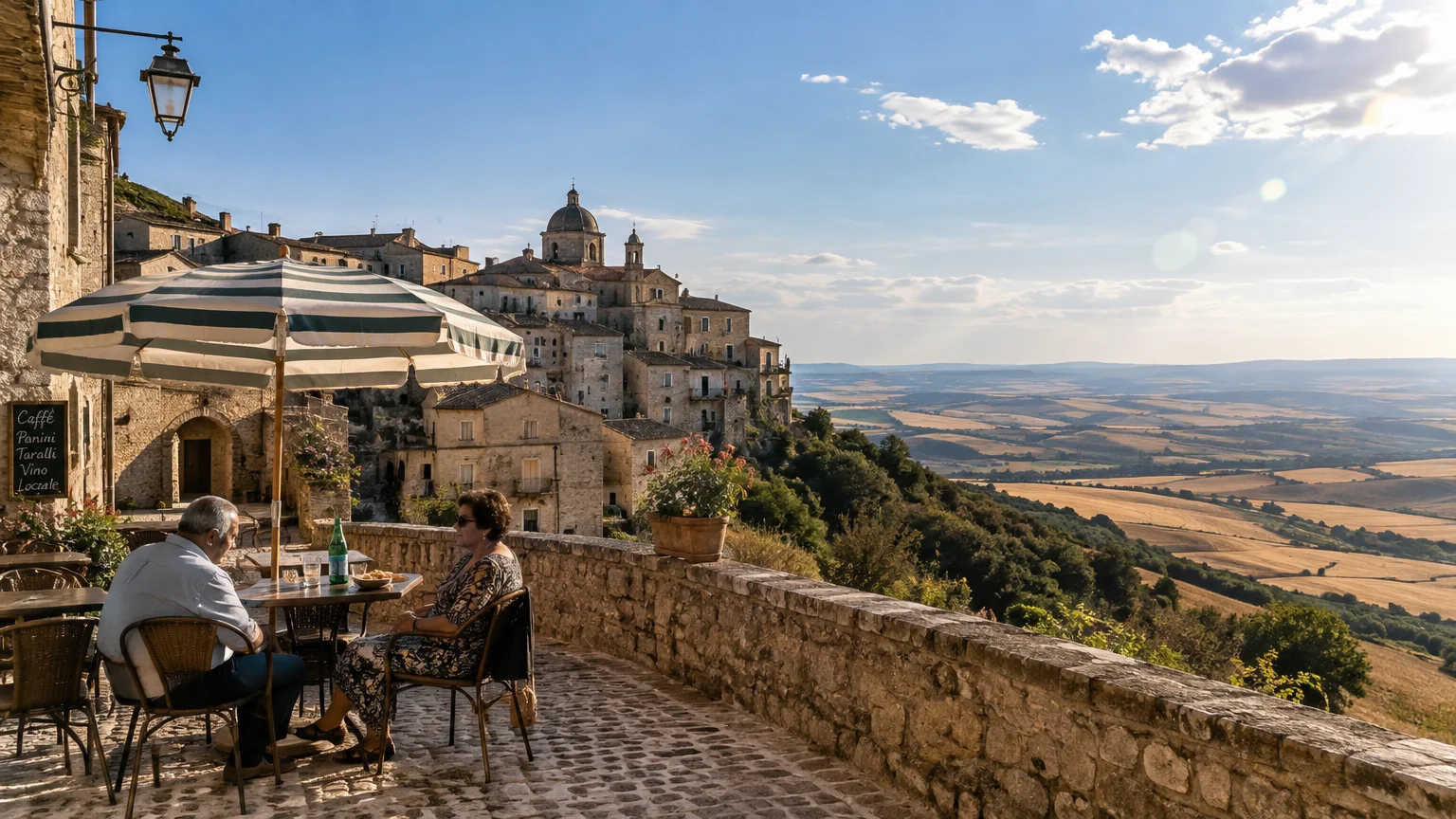 Couple seated under an umbrella at a cobblestone cafe terrace overlooking stone buildings and sunlit rolling fields.