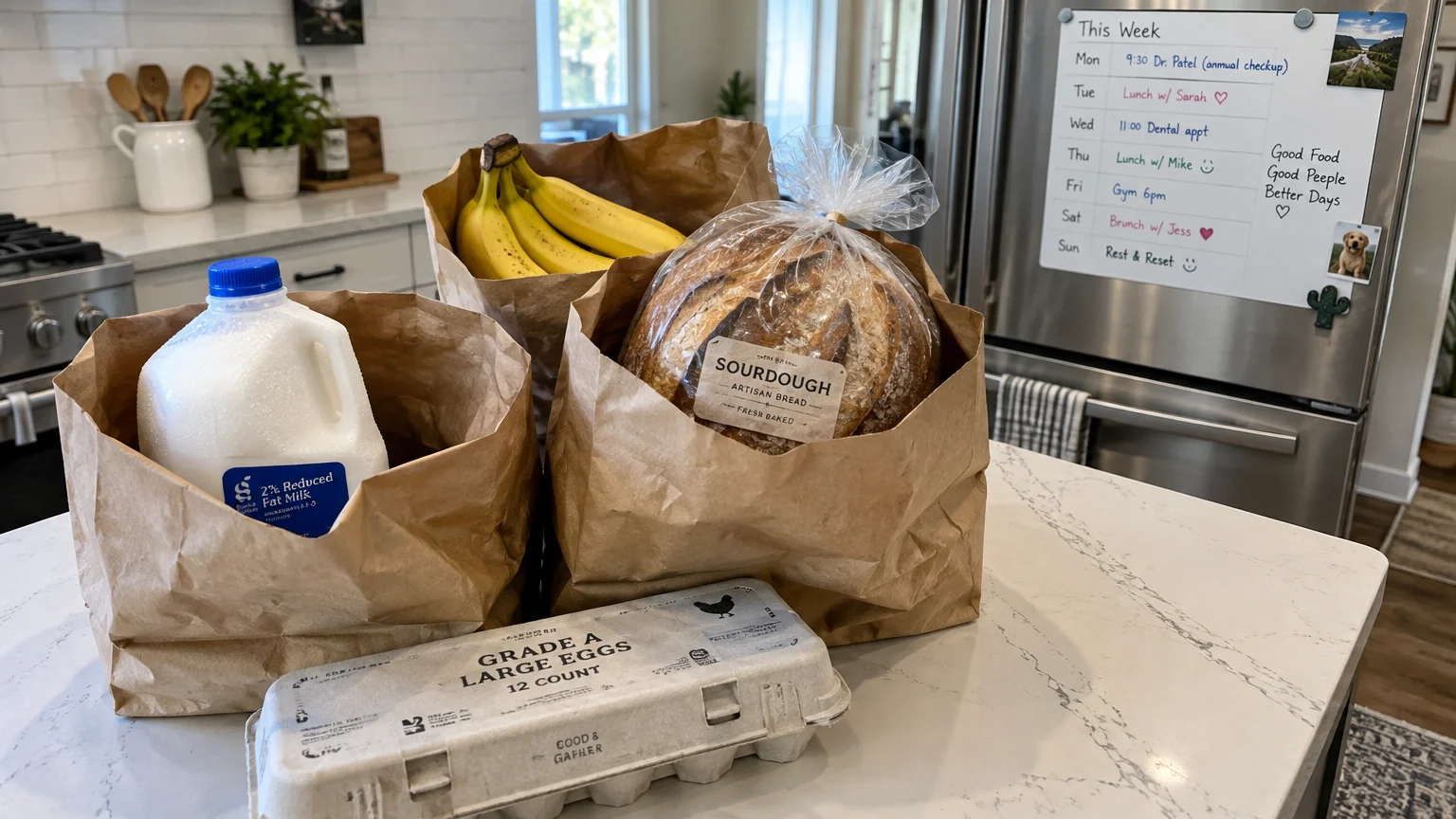 Groceries in brown paper bags, including milk, bread, bananas, and a carton of eggs, on a white kitchen island counter.