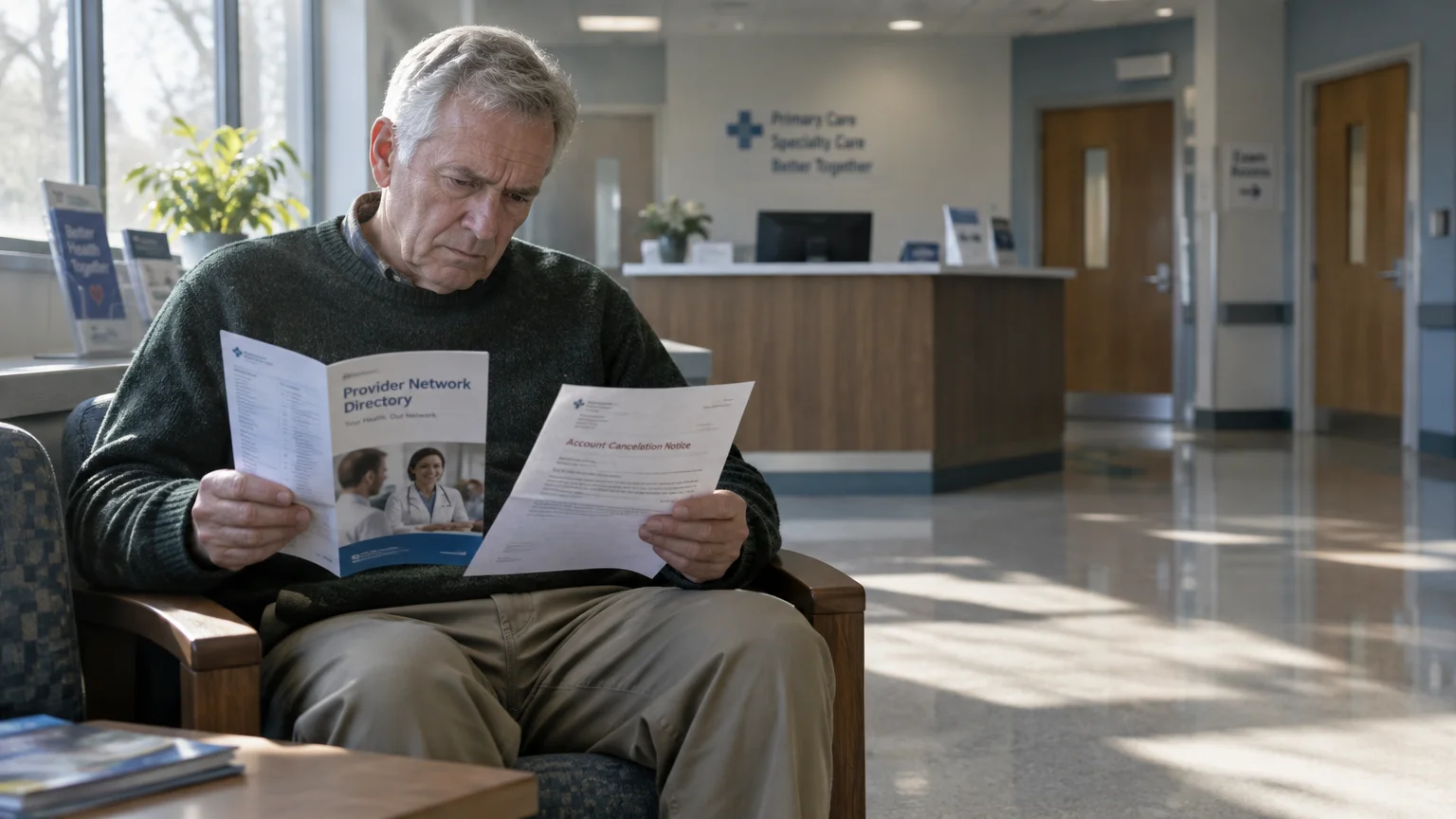 A senior man sits in a medical waiting room, holding an open provider directory and a cancellation notice letter.