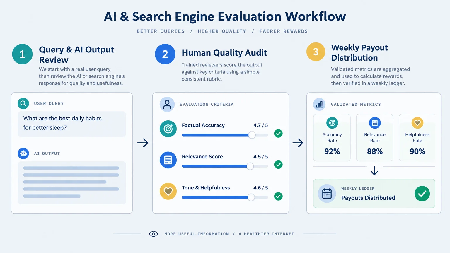 Three-step diagram of an AI evaluation workflow showing query review, human quality audit, and weekly payout distribution.