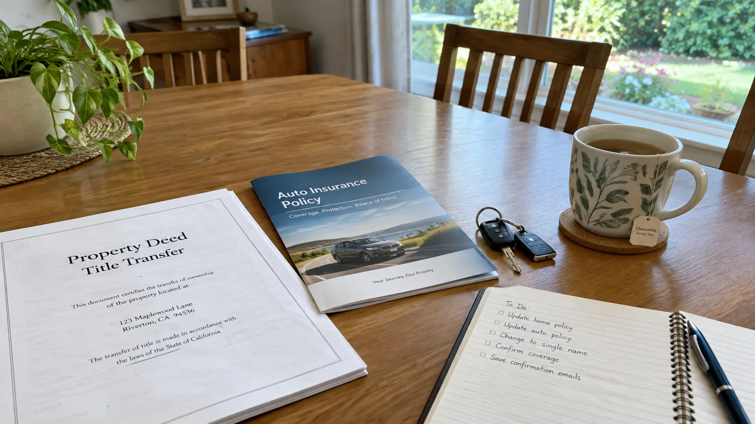 Title transfer document, auto insurance booklet, car keys, notebook, and a mug on a wooden table.