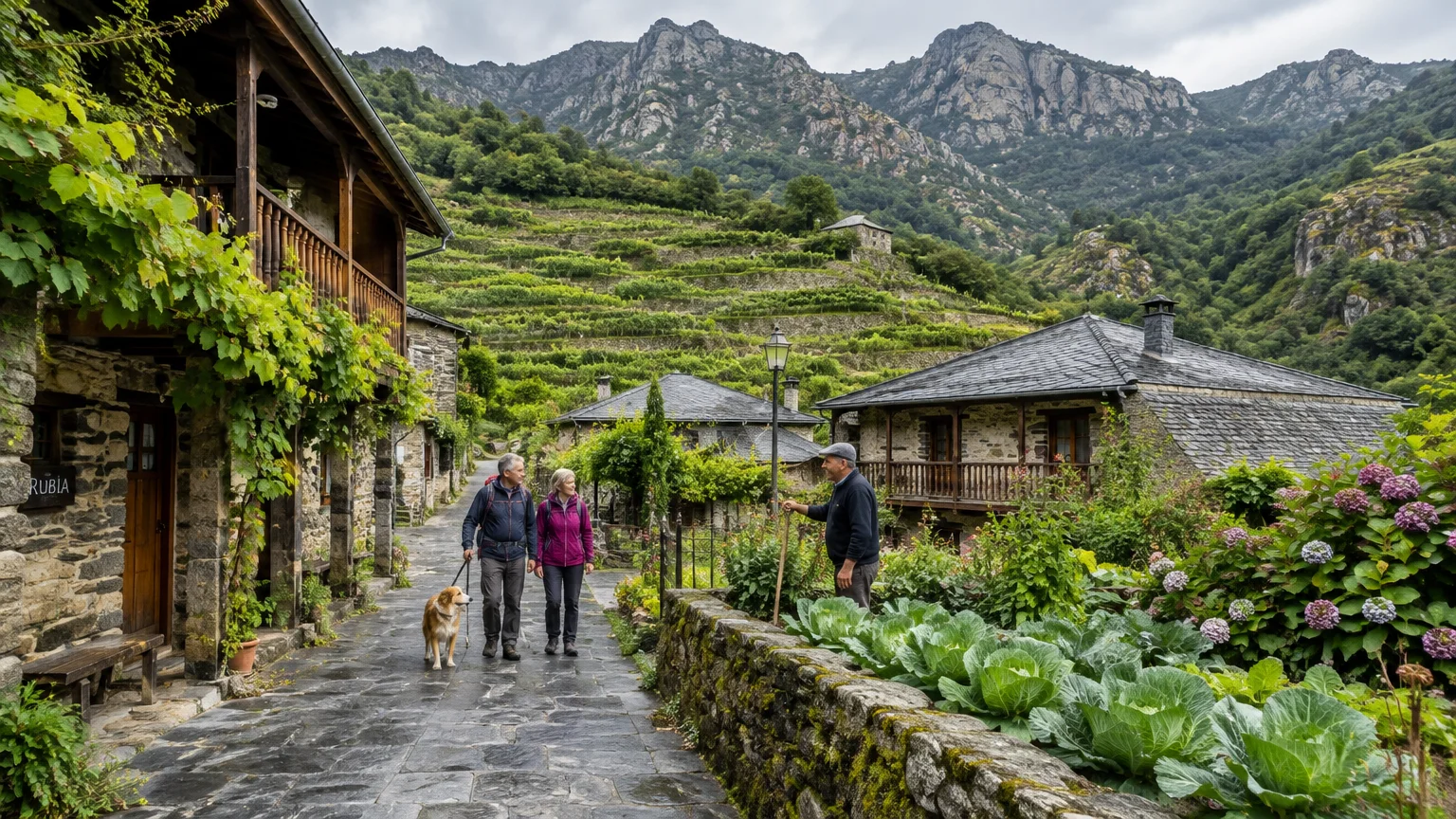 A couple walks a dog along a stone path in a mountain village past slate-roof cottages, terraced hillsides, and a garden.