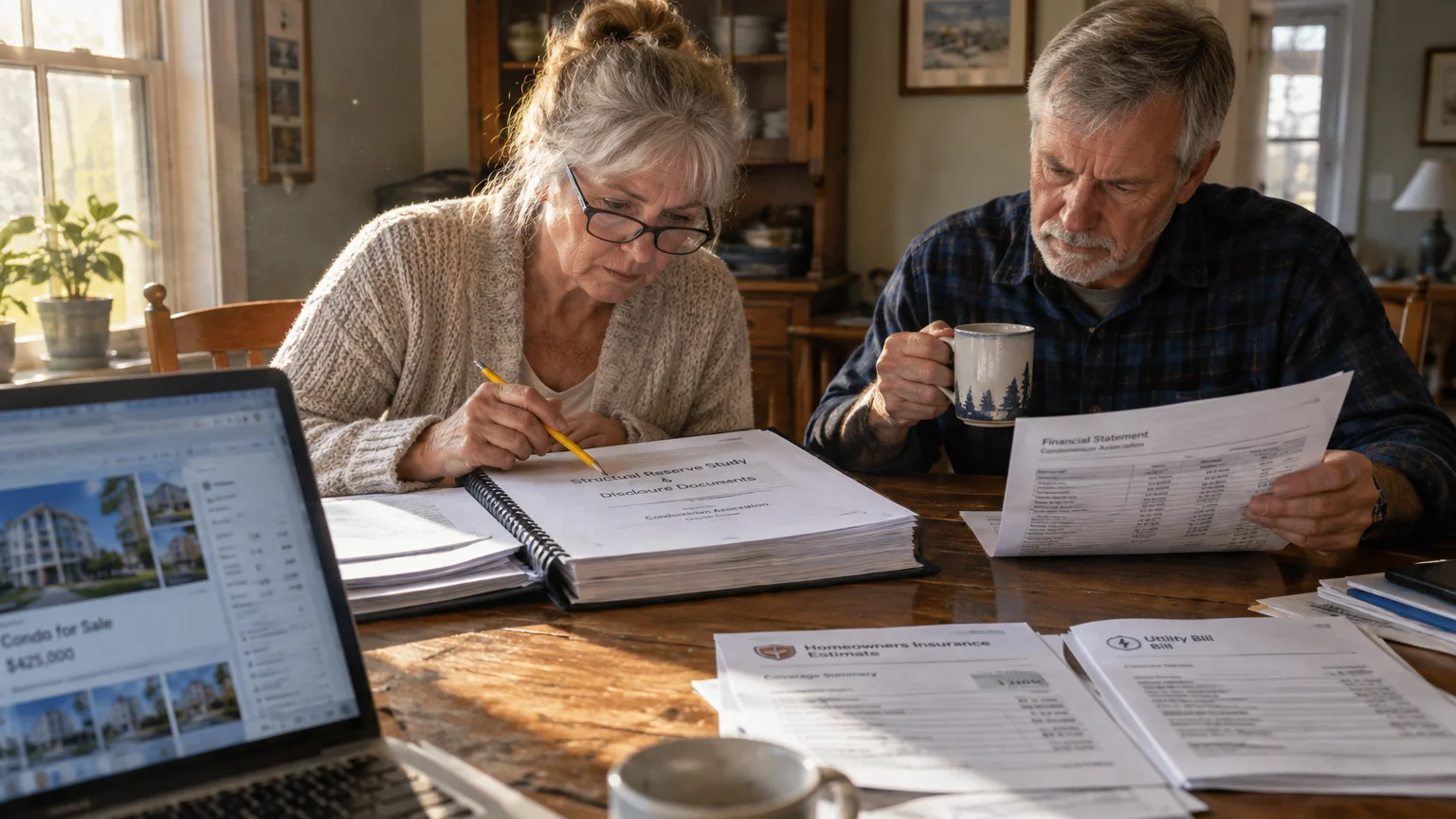 An older couple sits at a wooden table reviewing financial statements, disclosure documents, and real estate listings.